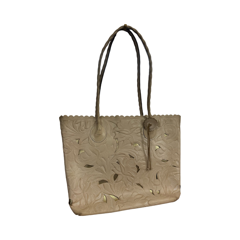 Patricia Nash Beige Floral Laser-Cut Leather Shoulder Tote with Gold Accents